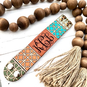Monogram Patterned Leather Cuff/Tooled and Stamped Leather/ Sparkly Lattice Leather Jewelry/ Hand Painted Leather Bracelet