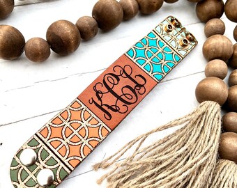 Monogram Patterned Leather Cuff/Tooled and Stamped Leather/ Sparkly Lattice Leather Jewelry/ Hand Painted Leather Bracelet