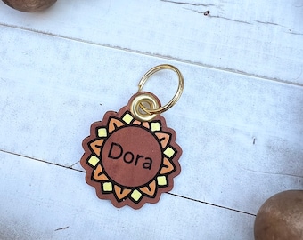 Leather Dog ID collar tags / Personalized Dog ID / Quiet Dog Tags / Hand painted Leather / Dora Style Sun Tag / Sunshine