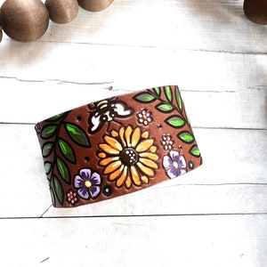 Bohemian Style Leather Cuff/Tooled and Stamped Leather/ Sunflowers and Mushrooms Leather Jewelry/ Hand Painted Leather Bracelet