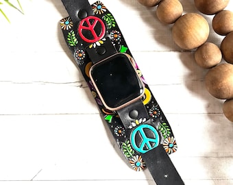 Black Wide Band Leather Hippie Smartwatch band/ Smiley / Peace Sign / Leather Band / Tooled and Stamped/ Genuine leather/apple