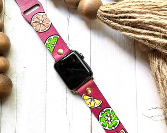 Fruit leather Smart watch band/ Lemons/ Limes/ Oranges/ Watch Band / Tooled and Stamped/ Genuine leather watch band/ Kawaii