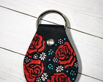 Leather Keychain Black Leather Red Roses,  Classic Leather Keychain, Tooled and Stamped Leather, Handpainted Key Chain, Key chain, Boho