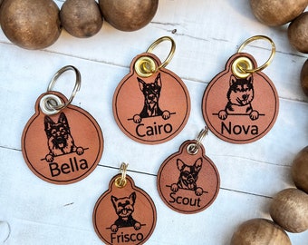 Pet Breed Leather Dog ID collar tags / Personalized Dog ID / Quiet Dog Tags / Pet Keepsake / Peeking Dog / Over 200 Breeds