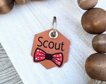 Leather Dog ID collar tags / Personalized Dog ID / Quiet Dog Tags / Hand painted Leather / Scout Style Bow Tie Tag / Hexagon Tag