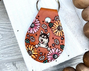 Dog Breed Leather Key Fob, Dog Keychain, Tooled and Stamped Leather, Sunflowers, Shepherd, Labrador, Husky, Yorkie, Boxer, Doberman