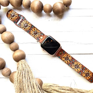 Sunflowers leather Smart watch band/Boho / Flowers watch / Leather Band / Tooled and Stamped/ Genuine leather watch band/ Free Spirit /apple