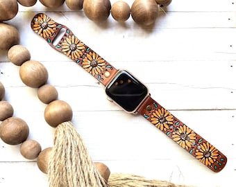 Sunflowers leather Smart watch band/Boho / Flowers watch / Leather Band / Tooled and Stamped/ Genuine leather watch band/ Free Spirit /apple