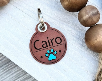 Leather Dog ID collar tags / Personalized Dog ID / Quiet Dog Tags / Handpainted Leather / Cairo Style Paw Print Tag / Paw Print