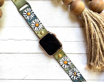 Daisy leather Smart watch band/Boho / Flowers watch / Leather Band / Tooled and Stamped/ Genuine leather watch band/ Tie dye /apple