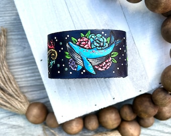 Tropical beach Leather Cuff/Tooled and Stamped Leather/ Whale / Seahorse/ Sea Turtle/ Flowers/ Lily / Hand Painted bracelet