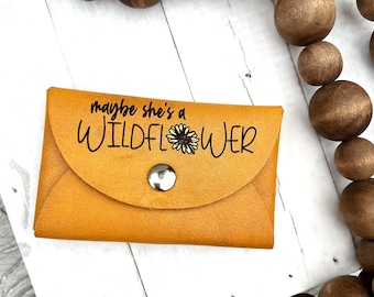 Genuine Leather Wildflower Card Wallet  /Maybe She's a Wildflower/ Women's Minimalist Wallet / Hand Painted Leather