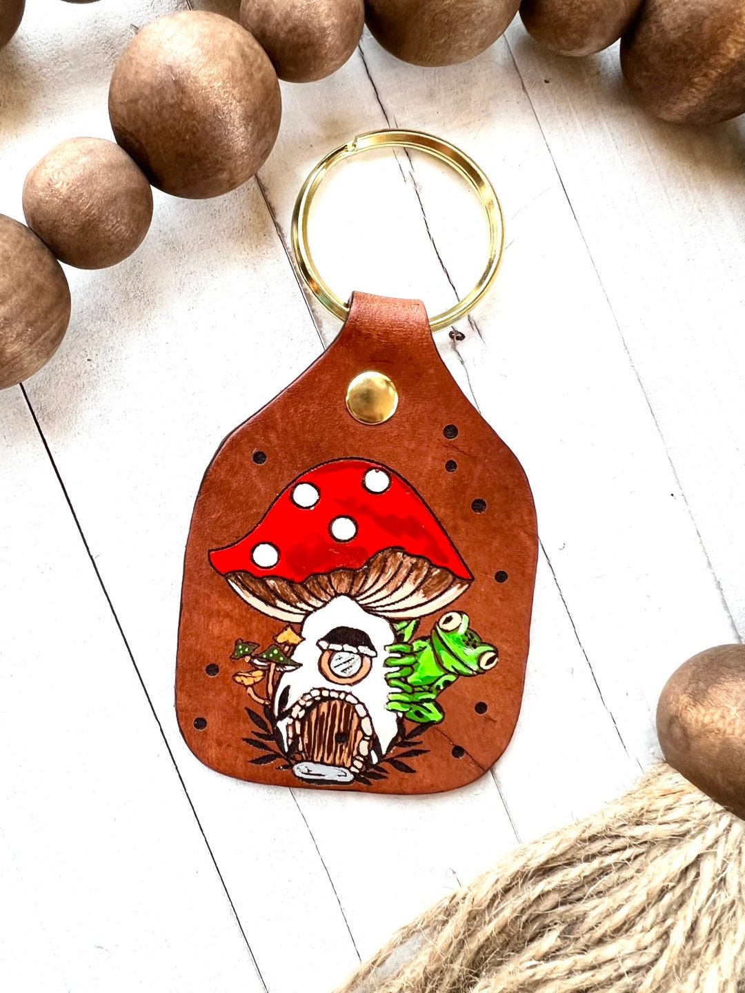 Frog and Mushroom House Key Ring, Tooled and Stamped Leather, Hand ...