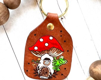 Frog and Mushroom house Key Ring, Tooled and Stamped Leather, Hand Painted Leather, Toadstool Key Fob, Leather Key Chain, Key chain