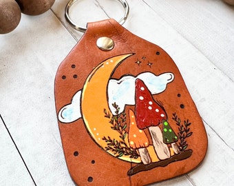 Vintage look Moon and Mushroom Key Ring, Tooled and Stamped Leather, Hand Painted Leather, Key Fob, Leather Key Chain, Key chain