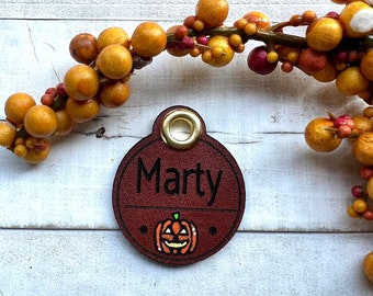 Halloween Pumpkin Leather Dog ID collar tags / Personalized Dog ID / Quiet Dog Tags / Hand painted Leather / theme tag