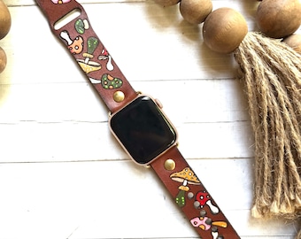 Magic Mushroom Leather watch band/Boho / Cottagecore watch / Leather Band / Tooled and Stamped/ Genuine leather Smart watch band/ Apple