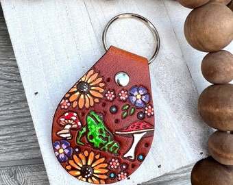 Frog and Mushroom Leather Key Ring, Tooled and Stamped Leather, Hand Painted Leather, Cute Key Fob, Leather Key Chain, Key chain, Boho