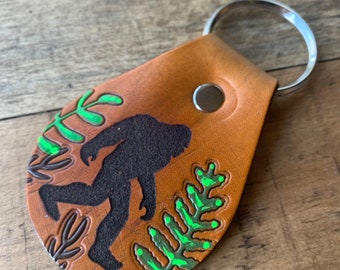 Sasquatch Bigfoot Leather Key Ring, Tooled and Stamped Leather, Hand Painted Leather, Cute Key Fob, Leather Key Chain, Key chain, Boho