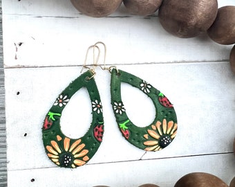 Sunflower and Strawberry Leather Earrings / Hand Painted Leather / Boho Style Jewelry / Trending Leather Jewelry / Leather Goods