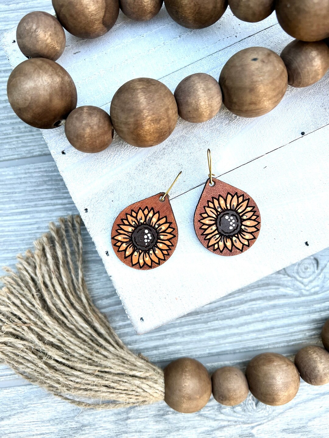 Sunflower Leather Earrings / Hand Painted Leather / Boho Style Jewelry