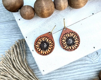 Sunflower Leather Earrings / Hand Painted Leather / Boho Style Jewelry / Trending Leather Jewelry / Leather Goods