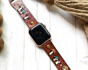 Merry Mushroom Leather watch band/Boho / Cottagecore watch / Leather Band / Tooled and Stamped/ Genuine leather Smart watch band/ Apple