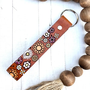 Vibrant flower Leather Key Ring, Tooled and Stamped Leather, Hand Painted Leather, Cute Key Fob, Leather Key Chain, Camera wrist strap