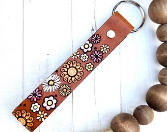 Vibrant flower Leather Key Ring, Tooled and Stamped Leather, Hand Painted Leather, Cute Key Fob, Leather Key Chain, Camera wrist strap