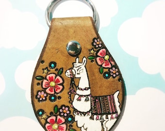 Llama Leather Key Fob, Southwestern Keychain, Tooled and Stamped Leather, Cute Key Fob, Leather Key Chain, Key chain, Boho