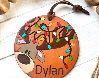 Reindeer Christmas Lights Leather Ornaments / Name or Date / Hand painted Leather/ Christmas Ornament / personalization