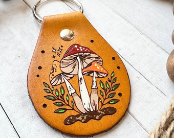 Retro Mushroom Leather Key Ring, Tooled and Stamped Leather, Hand Painted Leather, Moral Key Fob, 70s Leather Key Chain, Key chain, Boho