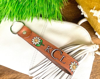 Monogram Daisy Leather Key Ring, Tooled and Stamped Leather, Hand Painted Leather, Cute Key Fob, Leather Key Chain, Camera wrist strap