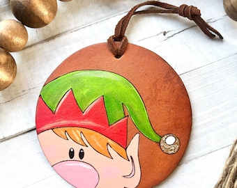 Happy Elf Leather Ornaments / Name or Date / Hand painted Leather/ Christmas Ornament / personalization