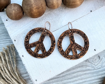 Leather Peace sign Flower Earrings / Hand Painted Leather / Boho Style Jewelry / Trending Leather Jewelry / Leather Goods / Western Wear