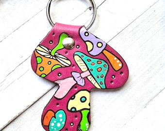 Pastel Colors Mod Mushroom shaped floral Leather Key Fob, Tooled and Stamped Leather,  Cute Key Fob, Leather Key Chain, Cottage core