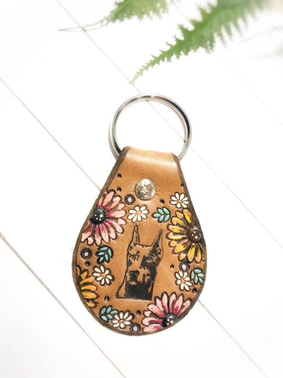 Doberman Pinscher Leather Key Fob Dog Keychain Tooled and | Etsy