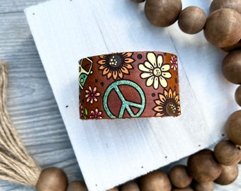 Hippie Volkswagen bus Style Leather Cuff/Tooled and Stamped Leather/ Sunflowers and Peace Leather Jewelry/ Hand Painted Leather Bracelet