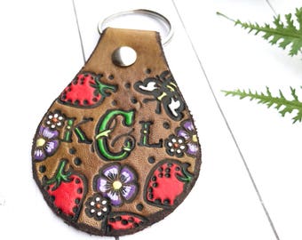 Monogram Leather Key Fob, Strawberries Tooled and Stamped Leather, Western Cowgirl Leather, Painted Leather, Personalized Key Fob