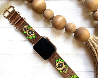 Sunflowers leather Smart watch band/Boho / Flowers watch / Leather Band / Tooled and Stamped/ Genuine leather watch band/ Free Spirit /apple