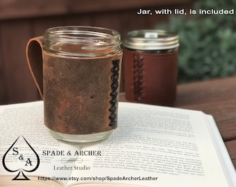 Leather Mason Jar Wrap, Mason Jar holder, Leather gift, Mother's Day, Father's Day, Jar holder