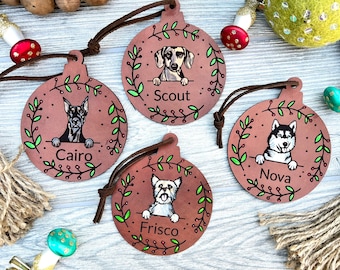Personalized Dog Breed Leather Ornaments / Name and Breed / Hand painted Leather/ Christmas Ornament / over 200 dog breeds