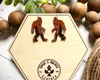 Bigfoot Sasquatch Earrings / Hand Painted Leather / Boho Style Jewelry / Trending Leather Jewelry / Leather Good Fall Jewelry