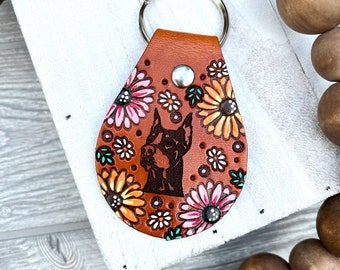 Doberman Pinscher Leather Key Fob, Dog Keychain, Tooled and Stamped Leather, Sunflowers Cute Key Fob, Leather Key Chain, Key chain, Boho