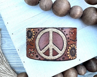 Peace sign Bohemian Style Leather Cuff/Tooled and Stamped Leather/ Sunflowers and Peace Leather Jewelry/ Hand Painted Leather Bracelet