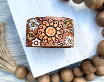 Vibrant Flower Sunburst Leather Key Ring, Tooled and Stamped Leather, Hand Painted Leather, Cute Key Fob, Leather Key Chain