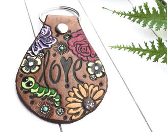 Love Leather Key Fob, Floral Keychain, Tooled and Stamped Leather, Cute Key Fob, Leather Key Chain, Key chain, Boho