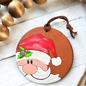 Santa Claus Leather Ornaments / Name or Date / Hand painted Leather/ Christmas Ornament / personalization