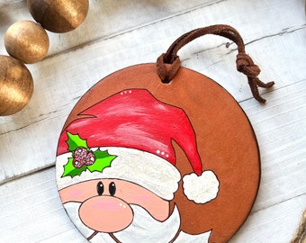 Santa Claus Leather Ornaments / Name or Date / Hand painted Leather/ Christmas Ornament / personalization