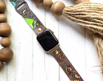 Cryptid Leather watch band/ Bigfoot Sasquatch Alien/ Smart watch Band / Tooled and Stamped/ Genuine leather watch band